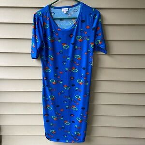 NWT LuLaRoe Sz/L Cool Blue Abstract Patterned Women's Midi Length Printed Dress